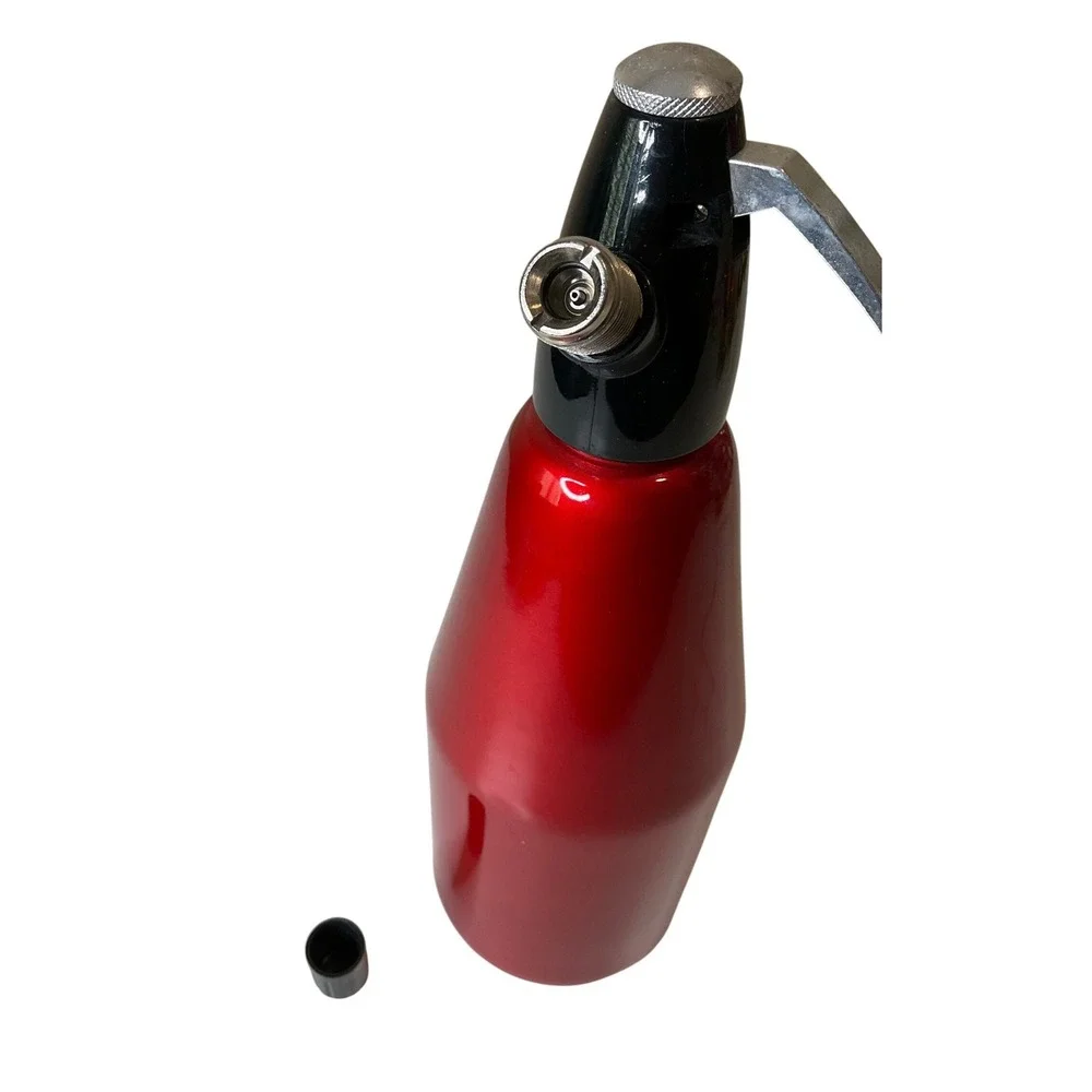 Vintage 1960s Red Enamel Metal Seltzer Bottle Austria MCM Mid Century Modern